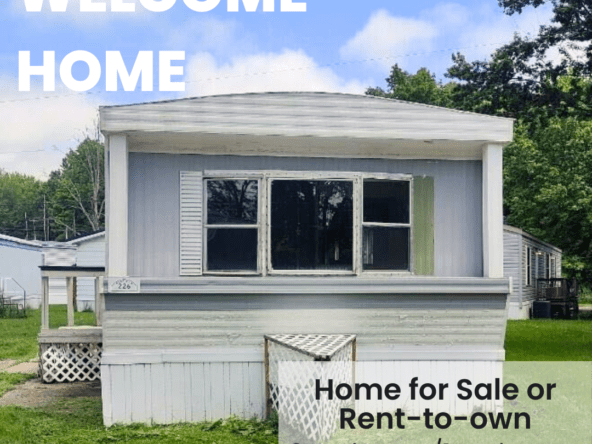 2-bedroom, 1-bathroom home for sale or rent-to-own in Deer Run Mobile Home Park with bright living spaces and ample storage.