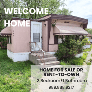 2-bedroom, 1-bathroom home for sale or rent-to-own in Saginaw Mobile Home Park with bright living spaces, a woody-like interior, and a convenient kitchen.