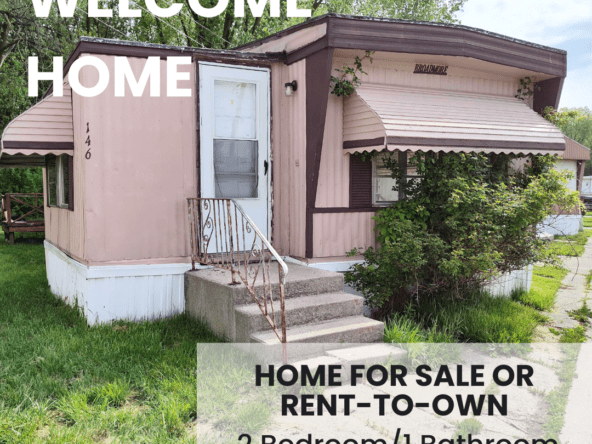 2-bedroom, 1-bathroom home for sale or rent-to-own in Saginaw Mobile Home Park with bright living spaces, a woody-like interior, and a convenient kitchen.