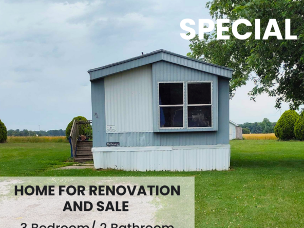 A mobile home labeled as Lot 31, available for renovation and sale, located in Breckenridge Mobile Home Park. The home features 3 bedrooms and 2 bathrooms.