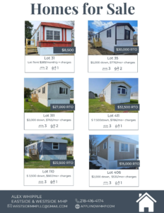 Flyer displaying multiple mobile homes for sale in Eastside and Westside Mobile Home Parks, with details on lot numbers, prices, and dimensions for each home.