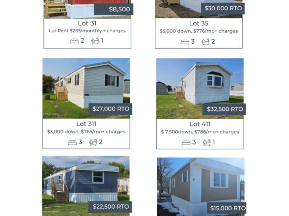 Flyer displaying multiple mobile homes for sale in Eastside and Westside Mobile Home Parks, with details on lot numbers, prices, and dimensions for each home.