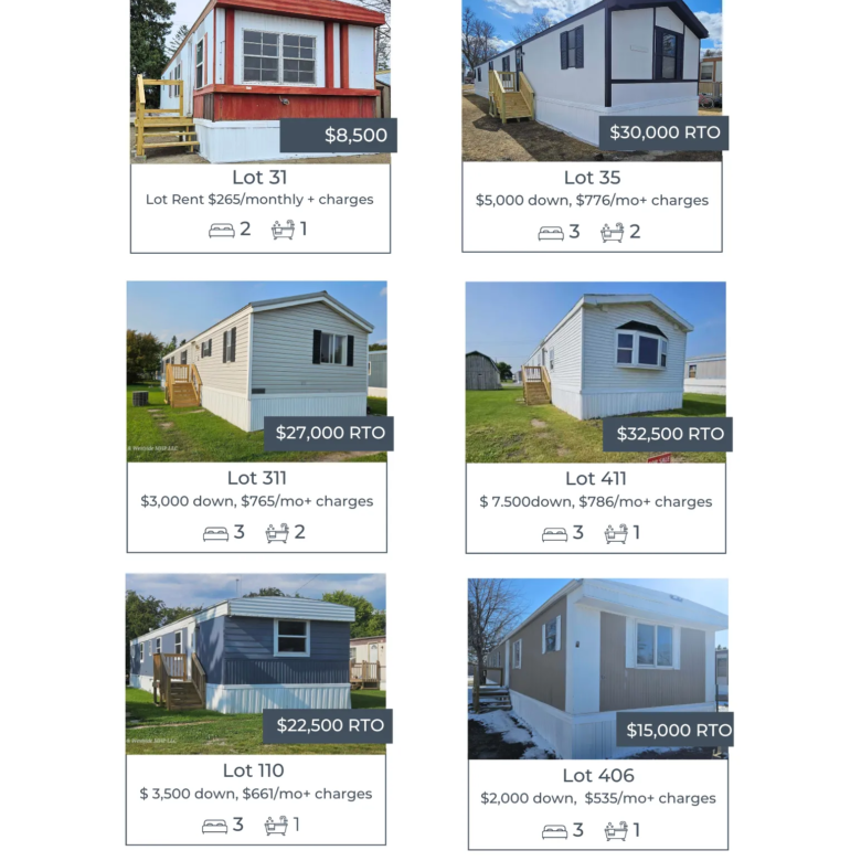 Flyer displaying multiple mobile homes for sale in Eastside and Westside Mobile Home Parks, with details on lot numbers, prices, and dimensions for each home.